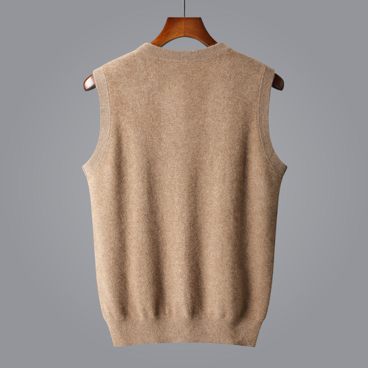 Elegant men's V-neck cashmere vest, incredibly soft for luxurious layering. Tailored fit.