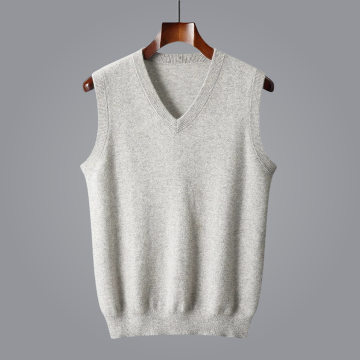 Versatile men's luxury cashmere vest, perfect for elegant layering. Soft & tailored.