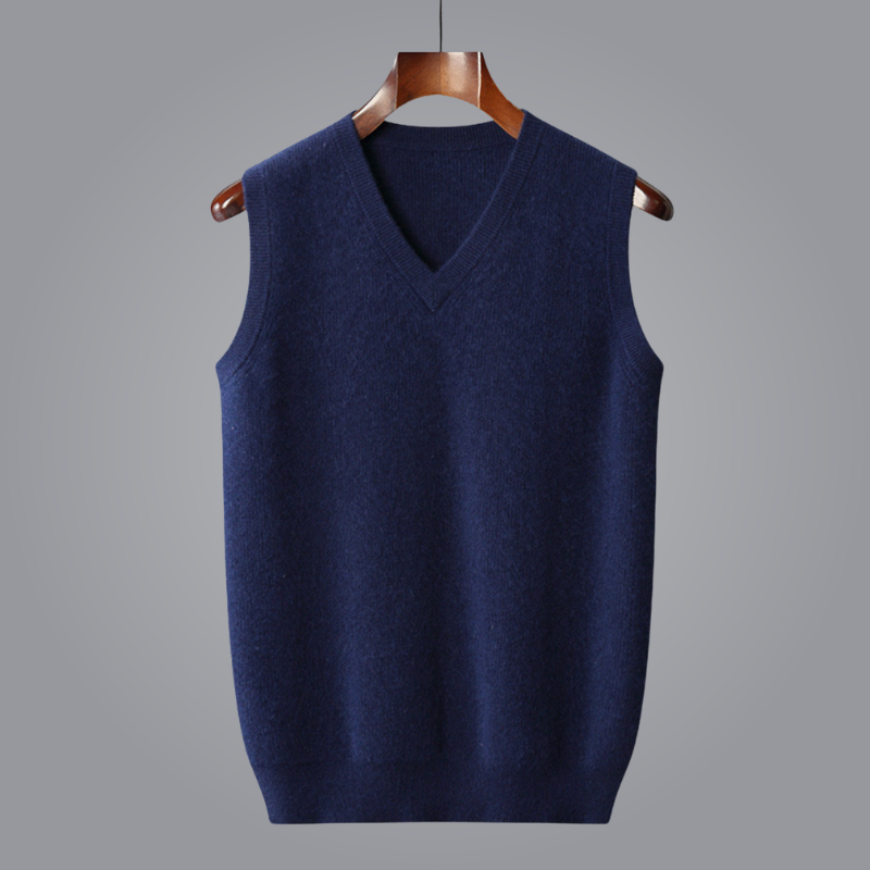 Durable, luxurious men's cashmere vest, soft & tailored for everyday elegance. V-neck.