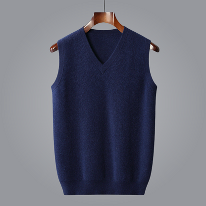 Durable, luxurious men's cashmere vest, soft & tailored for everyday elegance. V-neck.