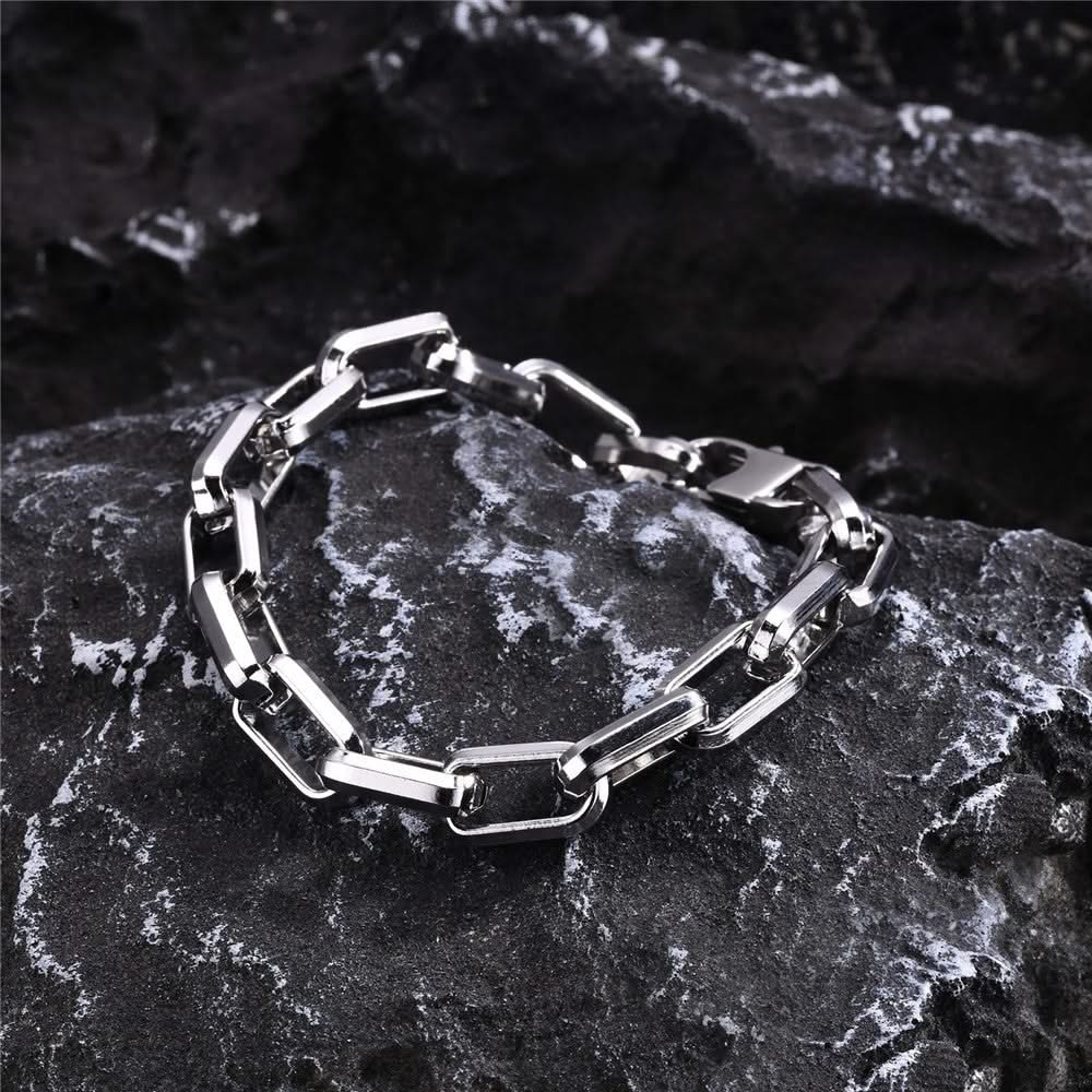 Stylish silver chain link bracelet for men. Non-tarnish and durable, a modern fashion accessory.