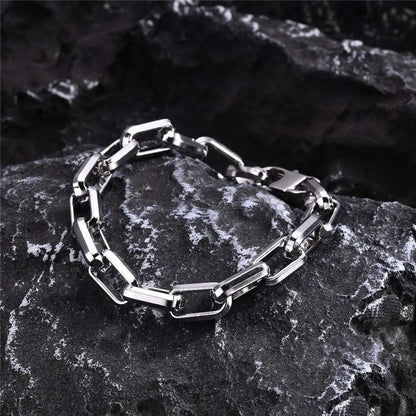 Stylish silver chain link bracelet for men. Non-tarnish and durable, a modern fashion accessory.