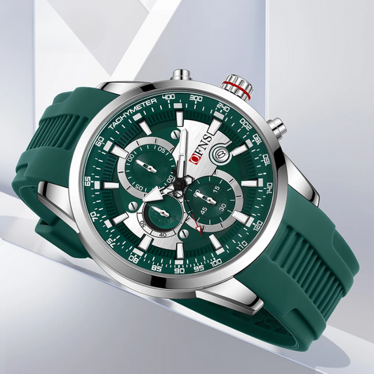 Men's luxury chronograph sport watch with black silicone band, ceramic bezel, and precise quartz movement.