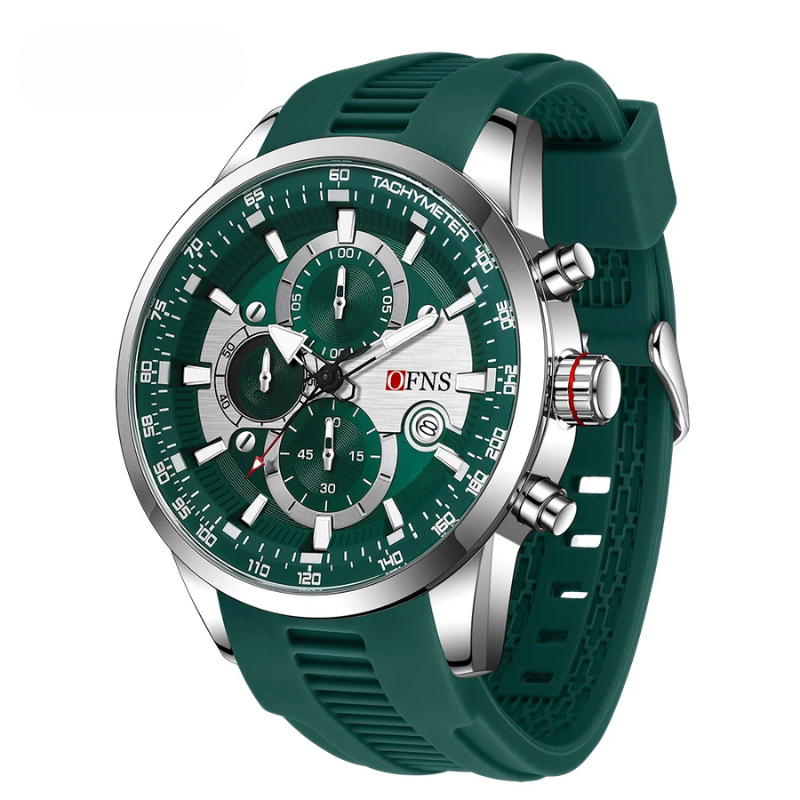 Waterproof men's sport chronograph watch, black silicone band, quartz movement, and sleek ceramic bezel.