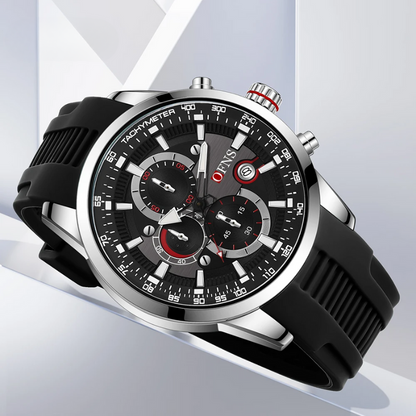Luxury men's chronograph sport timepiece with comfortable silicone band, durable ceramic bezel, and elegant design.