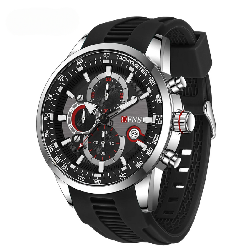 Men's sport chronograph watch featuring a comfortable black silicone band, durable ceramic bezel, and precise display.