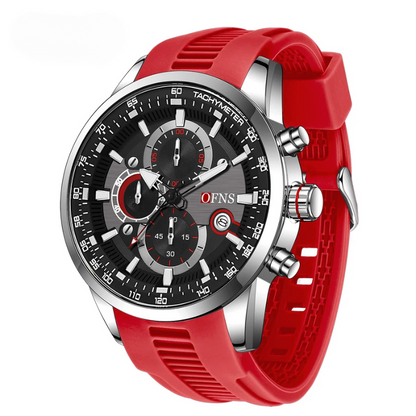 Stylish men's chronograph sport watch with resilient black silicone band, precise quartz movement, and ceramic bezel.