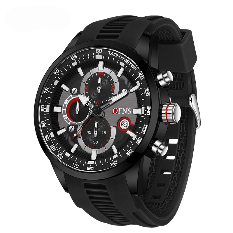 High-quality men's luxury sport chronograph watch, silicone band, ceramic bezel, and accurate quartz movement.