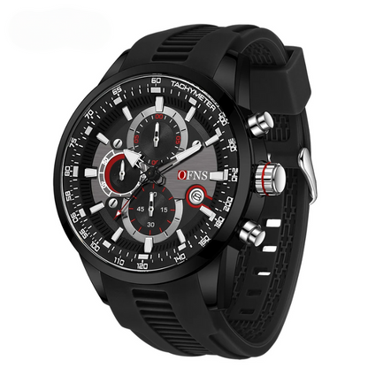 High-quality men's luxury sport chronograph watch, silicone band, ceramic bezel, and accurate quartz movement.