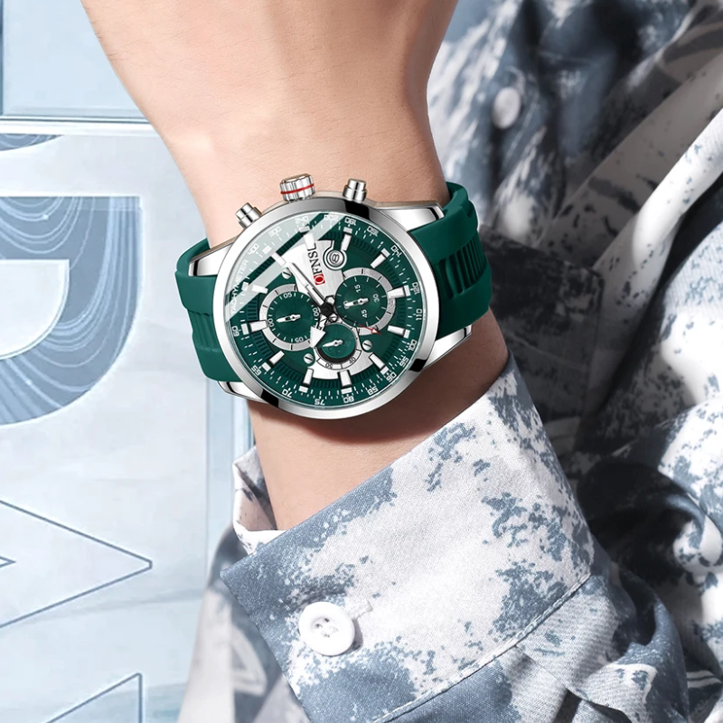 Elegant men's chronograph sport timepiece with a modern black silicone band, robust ceramic bezel, and clear display.