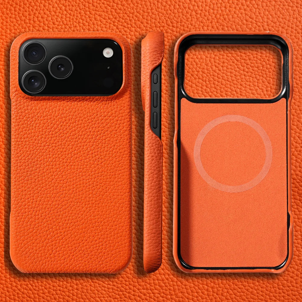 Men's luxury genuine leather iPhone case with MagSafe. Slim profile, offers drop protection and style.