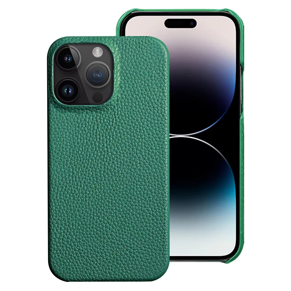 Front view: Men's genuine leather iPhone case with MagSafe, showcasing precision cutouts and slim design.