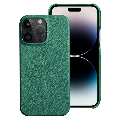 Front view: Men's genuine leather iPhone case with MagSafe, showcasing precision cutouts and slim design.