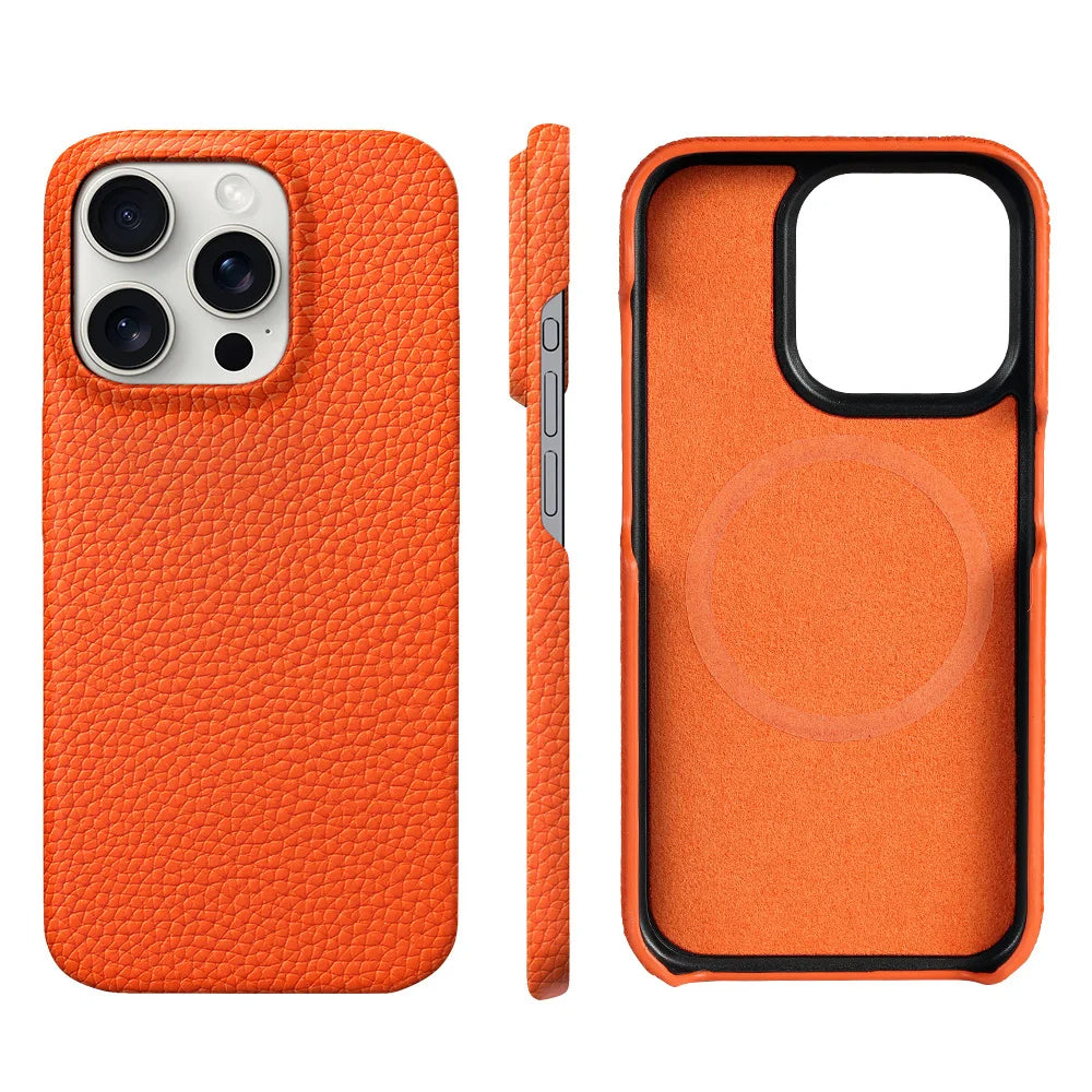 Back view: Men's luxury leather iPhone case, highlighting MagSafe ring and subtle brand detailing.