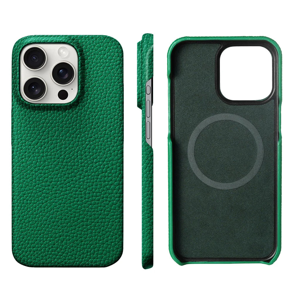 Men's genuine leather iPhone case with MagSafe, held comfortably. Demonstrates slim profile & secure grip.