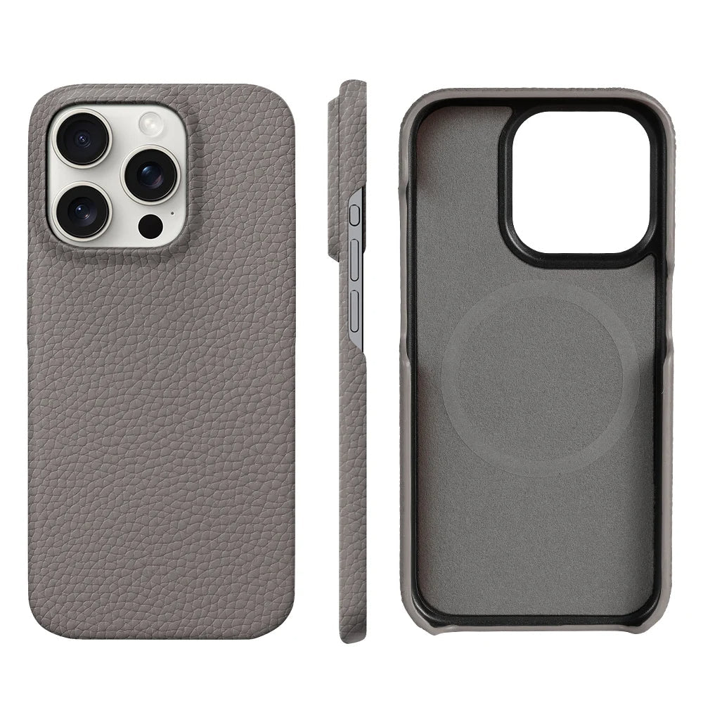 Close-up detail of men's luxury leather iPhone case texture. MagSafe enabled, genuine leather craftsmanship.