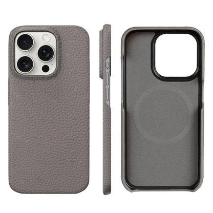 Close-up detail of men's luxury leather iPhone case texture. MagSafe enabled, genuine leather craftsmanship.