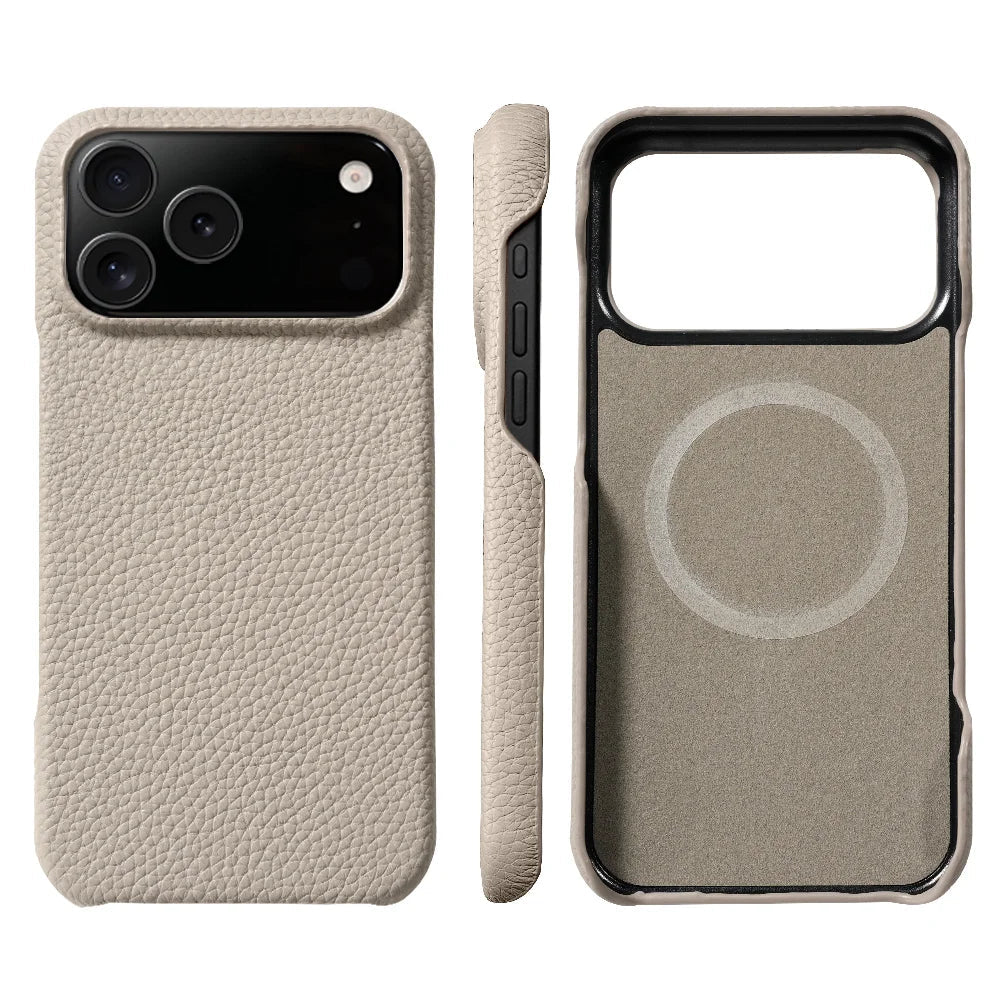 Essential men's genuine leather iPhone accessory. MagSafe compatible, luxury phone cover for daily use.