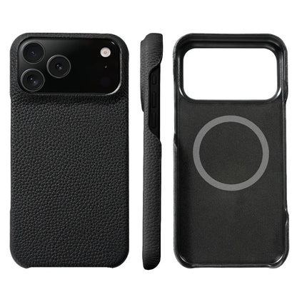 Modern men's luxury leather iPhone case with MagSafe. Sleek design for seamless wireless charging.