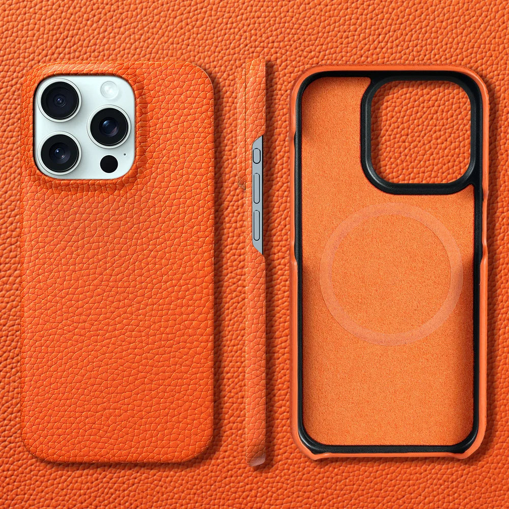 Slim MagSafe iPhone case for men, crafted from genuine leather. Scratch-resistant, durable drop protection.