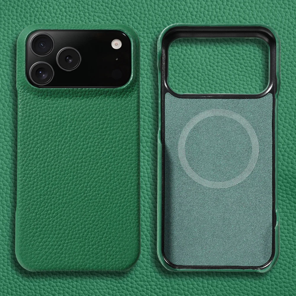 Elegant men's luxury leather iPhone cover with MagSafe compatibility. Enhances phone's sophisticated look.