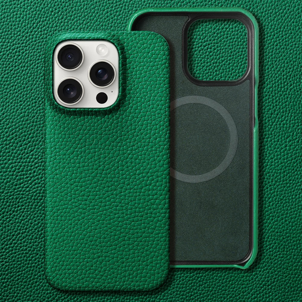 Durable genuine leather iPhone case for men. MagSafe enabled, offering robust everyday drop protection.