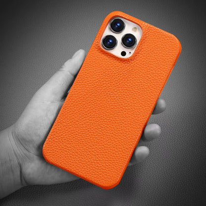Smooth genuine leather iPhone cover for men. MagSafe compatible, feels premium, provides scratch defense.