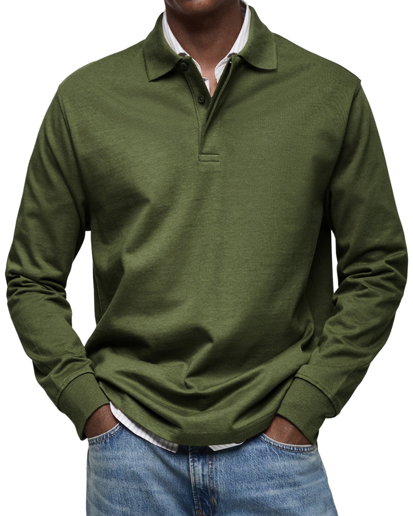Men's classic long-sleeved polo shirt. Smart casual button placket design for refined everyday menswear.