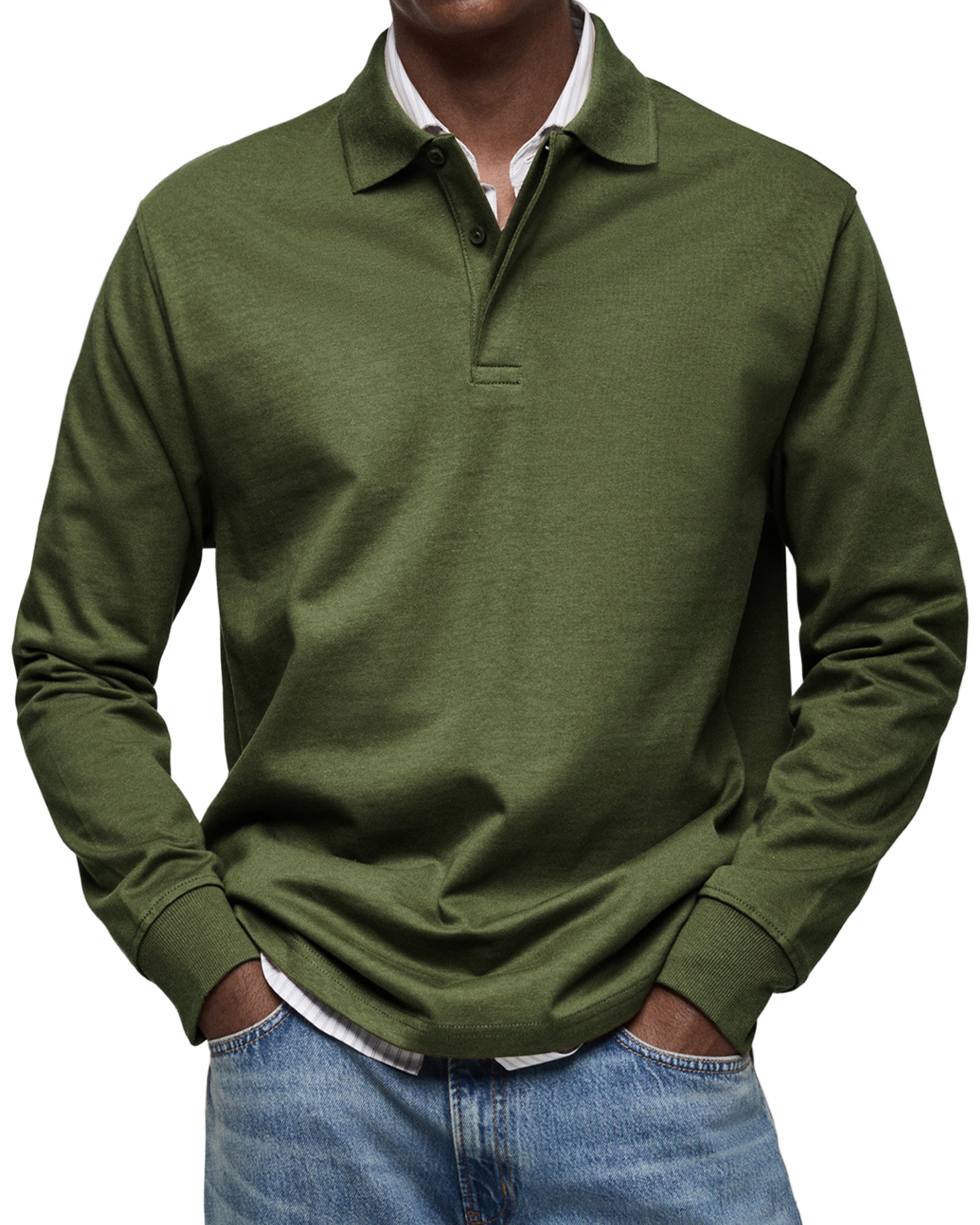 Men's classic long-sleeved polo shirt. Smart casual button placket design for refined everyday menswear.