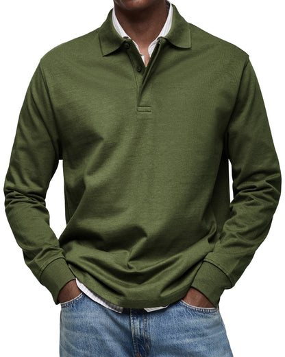 Men's classic long-sleeved polo shirt. Smart casual button placket design for refined everyday menswear.