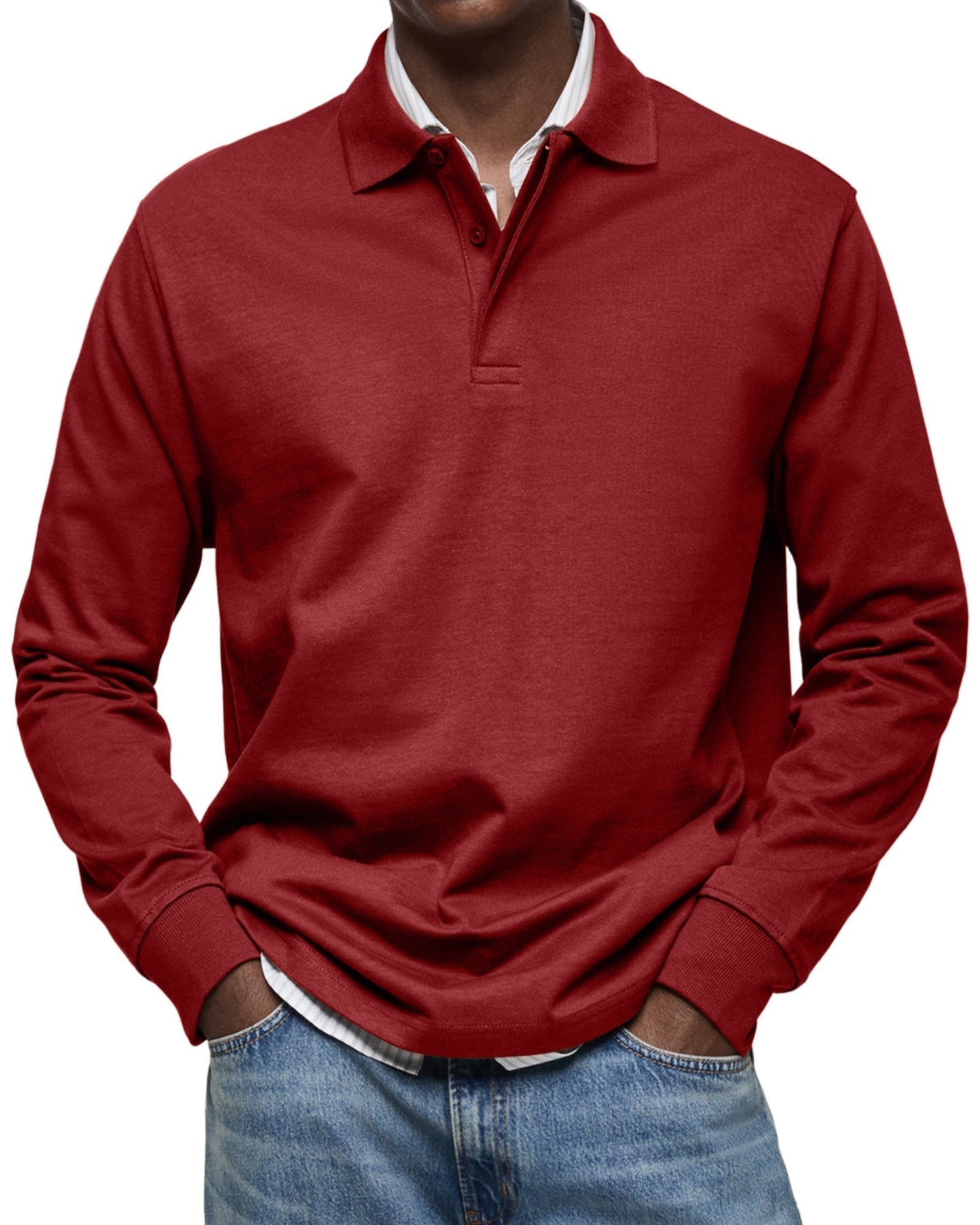 High-quality men's long-sleeved polo shirt. A comfortable, stylish, & versatile top for modern casual menswear.