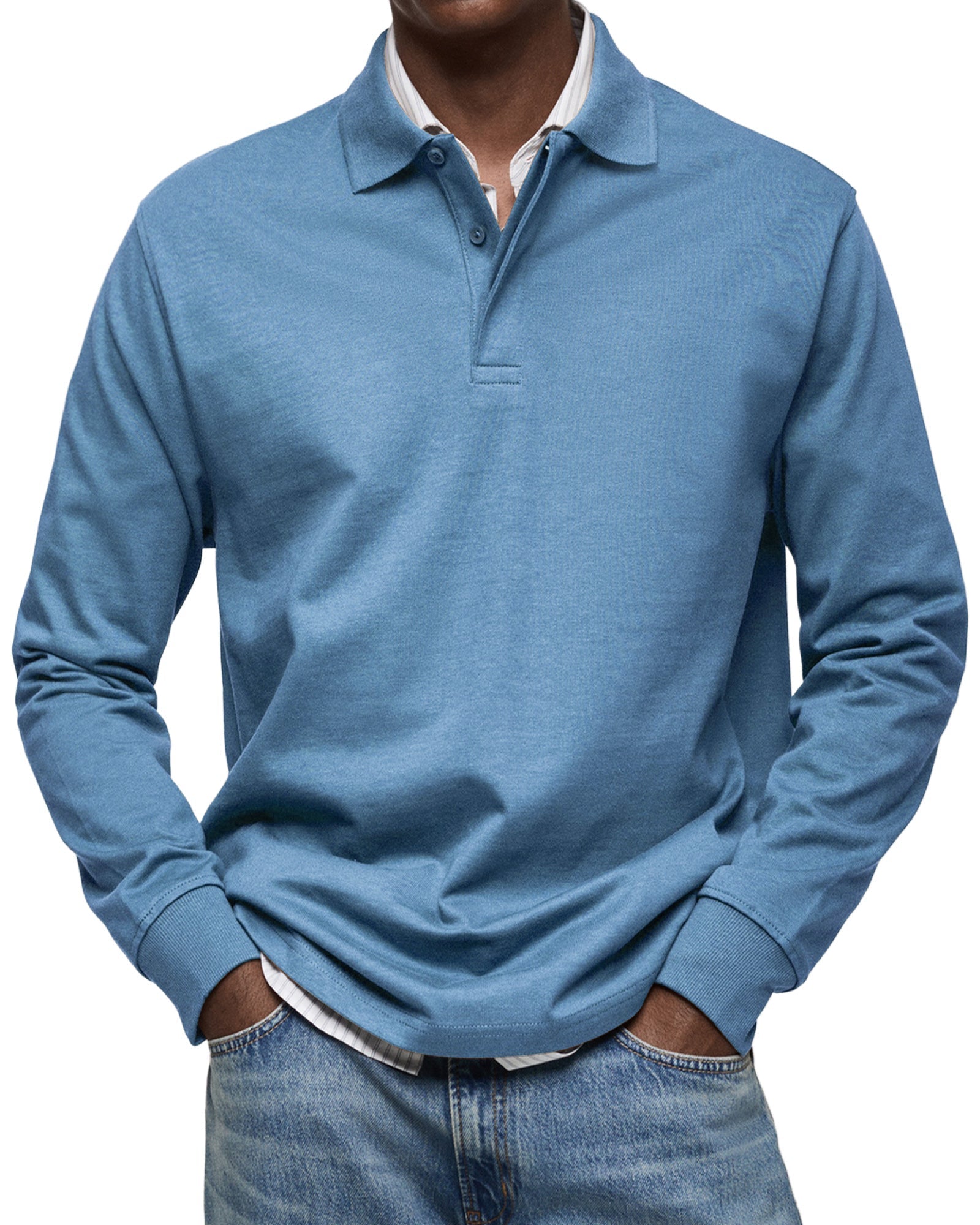 Classic men's long-sleeve polo with sophisticated button placket. Versatile for smart casual or everyday wear.