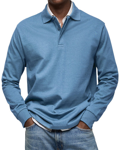 Classic men's long-sleeve polo with sophisticated button placket. Versatile for smart casual or everyday wear.