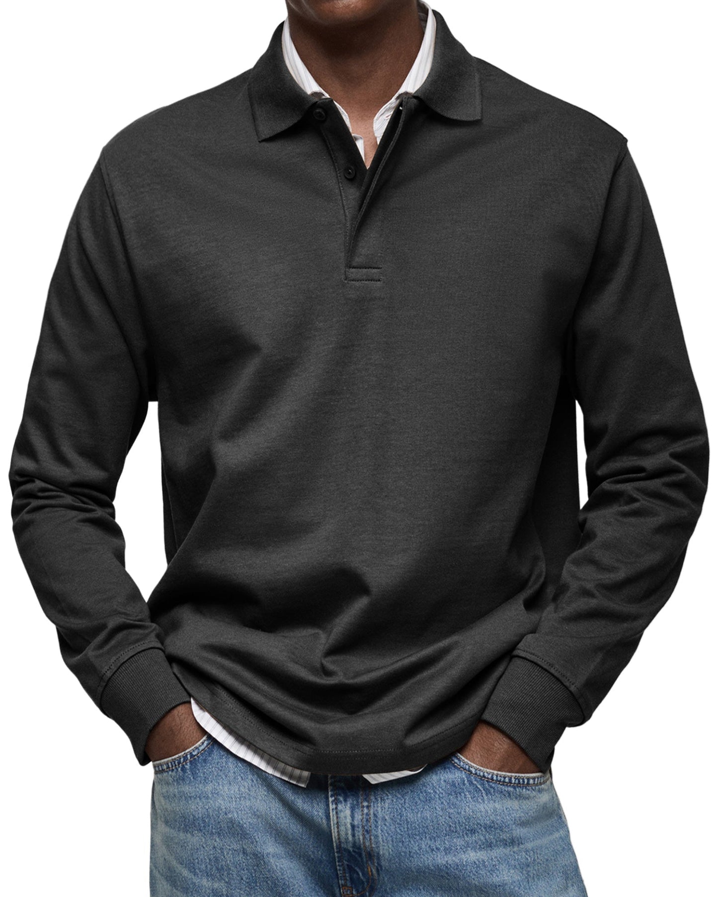 Man wearing a versatile long-sleeve polo shirt. Smart casual men's fashion for everyday comfort.