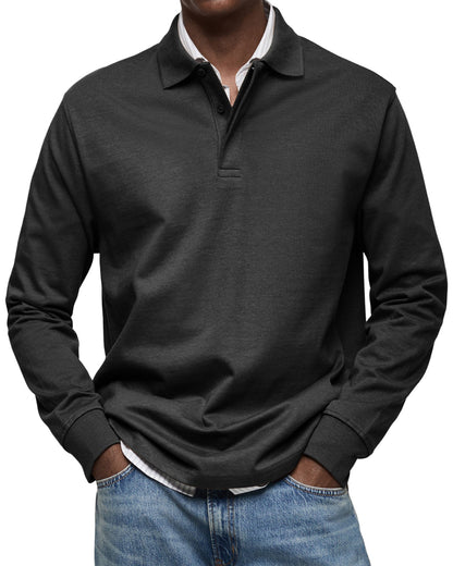 Man wearing a versatile long-sleeve polo shirt. Smart casual men's fashion for everyday comfort.