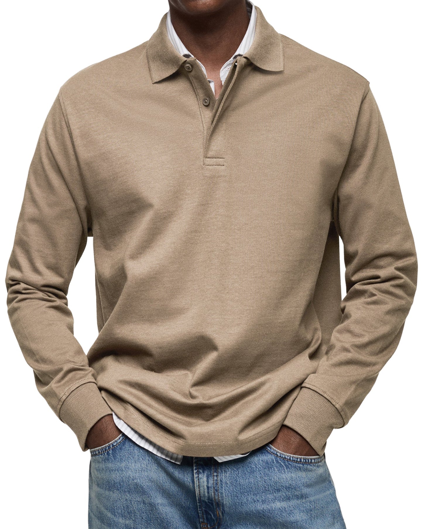 Front view of men's luxury long-sleeved polo shirt with button placket. Stylish smart casual top.