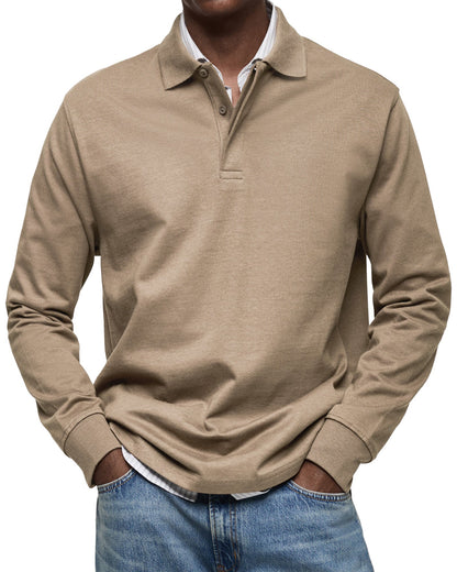 Front view of men's luxury long-sleeved polo shirt with button placket. Stylish smart casual top.