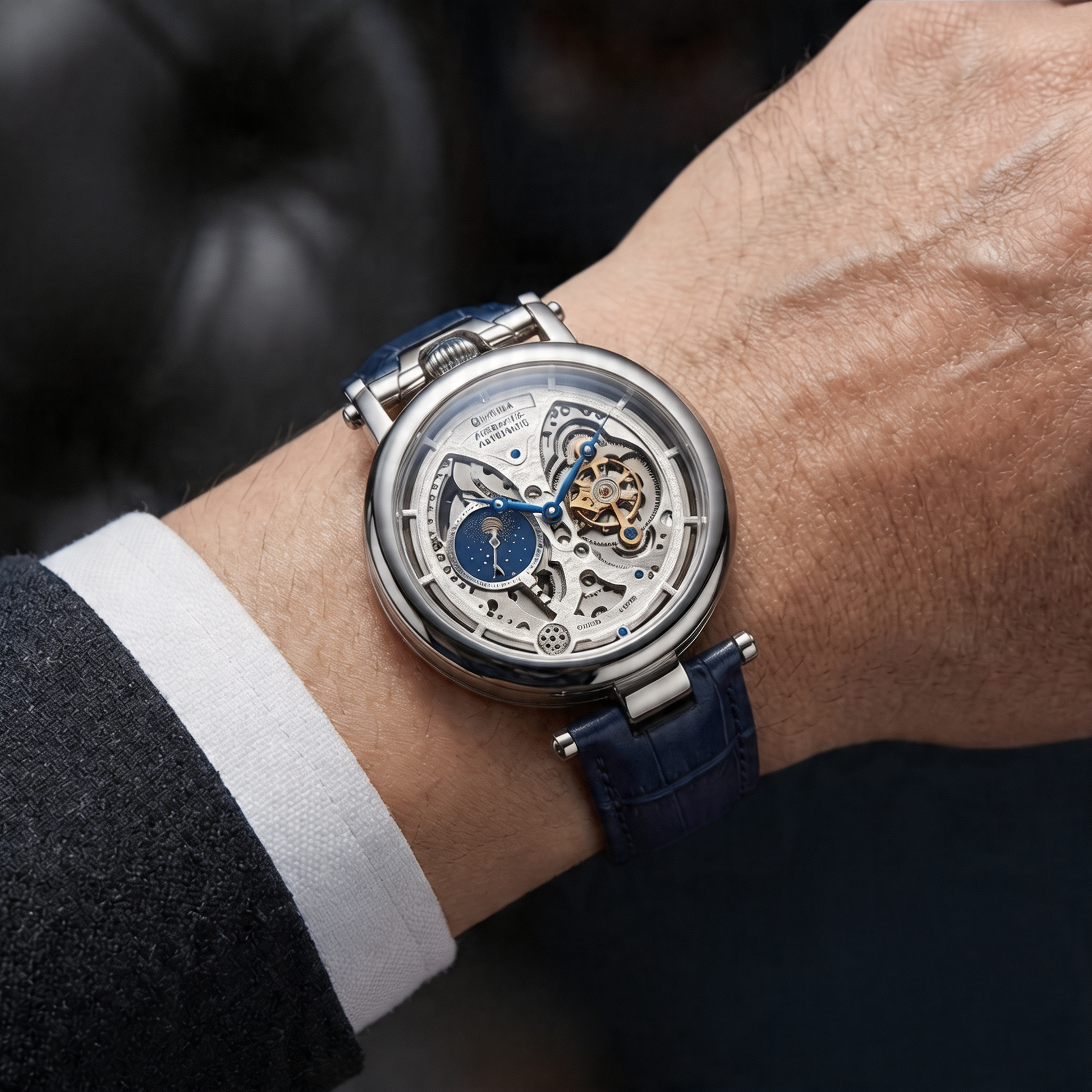 Men's luxury mechanical skeleton watch with visible gears and an elegant black leather strap.