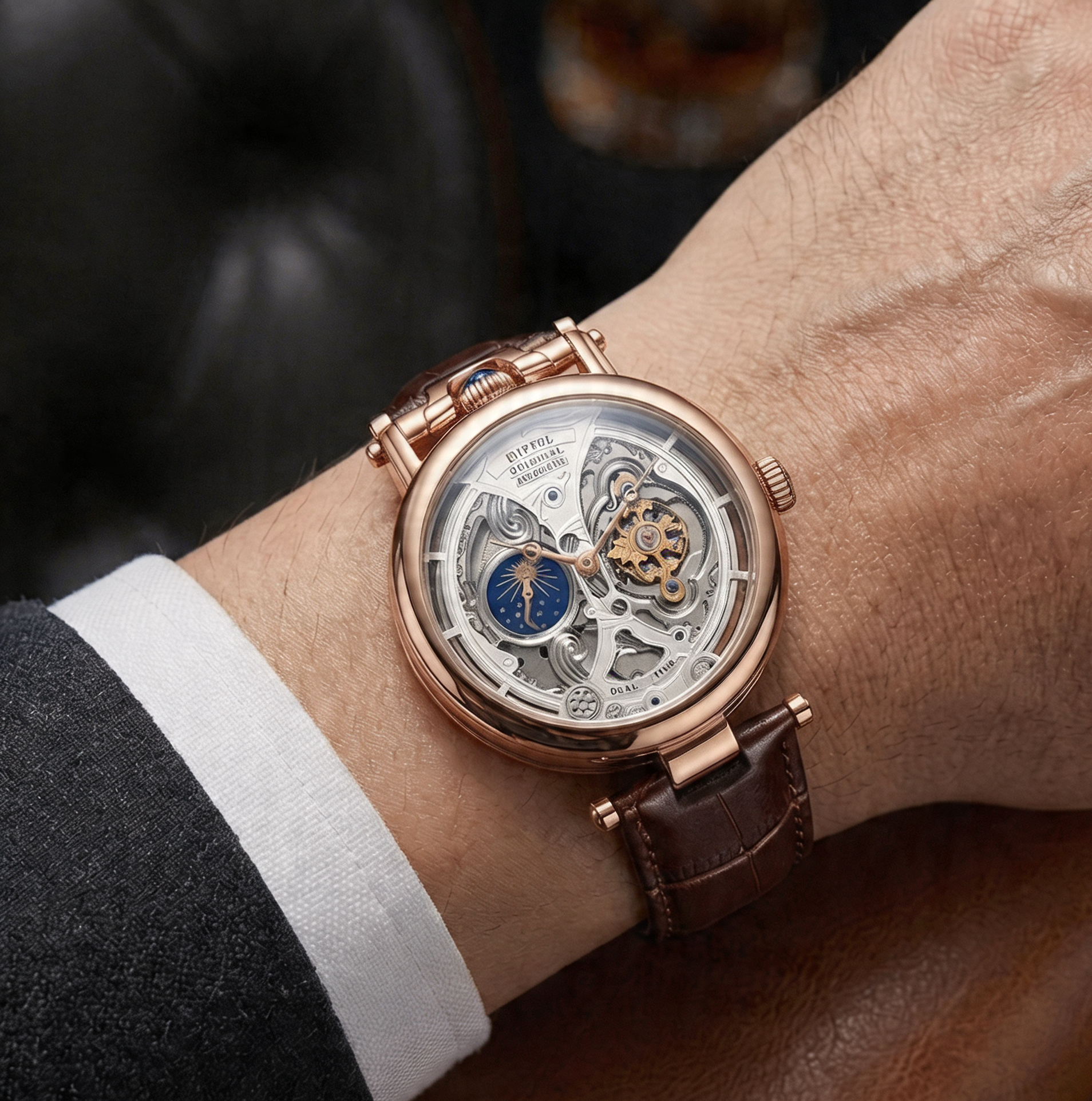 Classic men's automatic skeleton dial watch featuring intricate movement and a comfortable leather band.