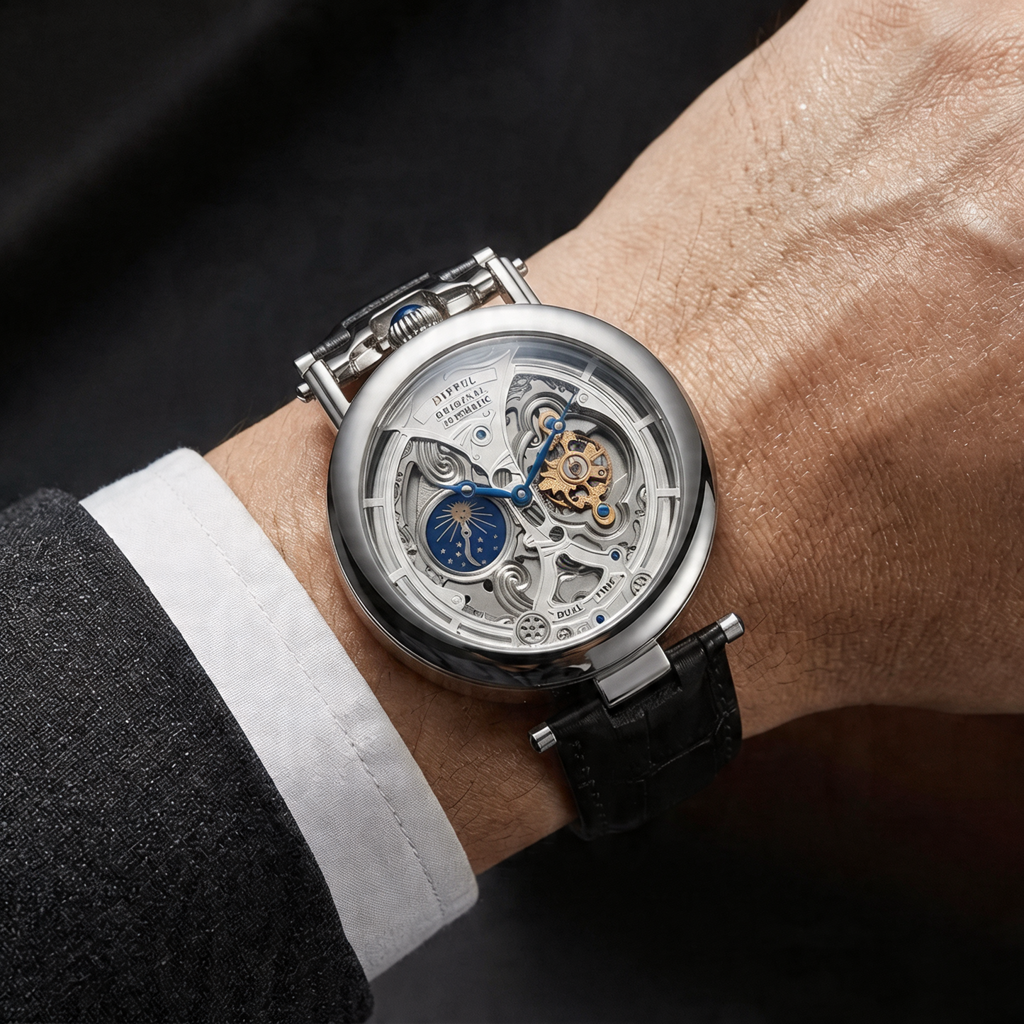Elegant men's mechanical watch, skeleton dial, brown leather strap, and moon phase display.