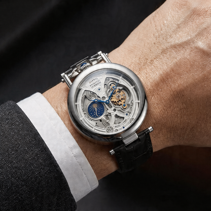 Elegant men's mechanical watch, skeleton dial, brown leather strap, and moon phase display.