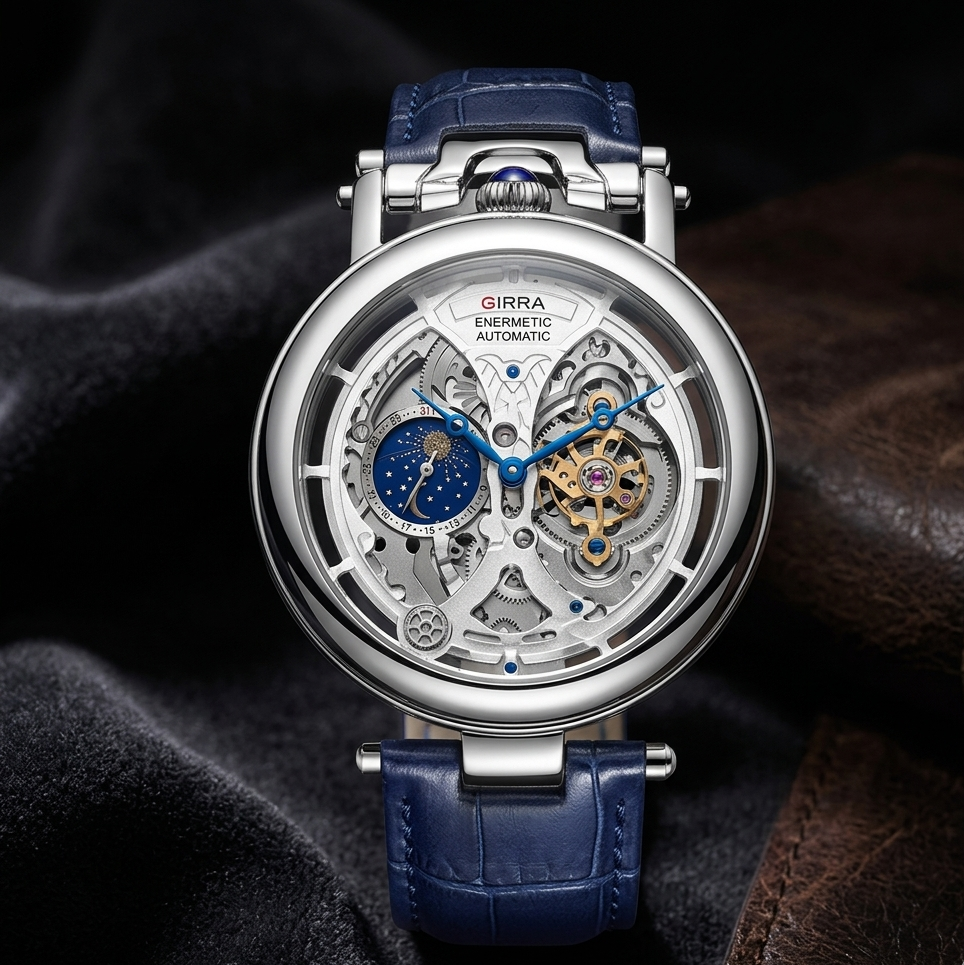 Close-up of a men's sophisticated skeleton timepiece, showing internal mechanics and a genuine leather strap.