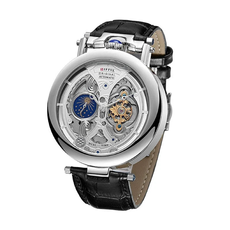 Premium men's mechanical skeleton watch, intricate dial design, and a stylish, durable leather strap.