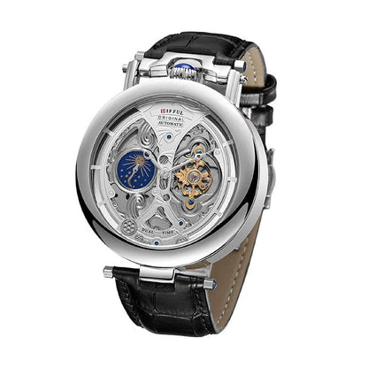 Premium men's mechanical skeleton watch, intricate dial design, and a stylish, durable leather strap.