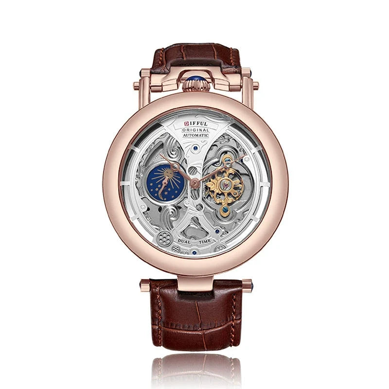 Luxury men's watch: Classic mechanical skeleton with an exposed movement and a comfortable black leather strap.
