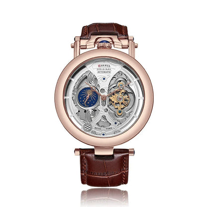 Luxury men's watch: Classic mechanical skeleton with an exposed movement and a comfortable black leather strap.