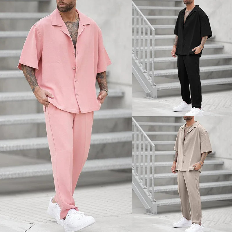 Men's luxury pink button shirt & elegant pants set. Versatile formal/casual outfit for modern men.