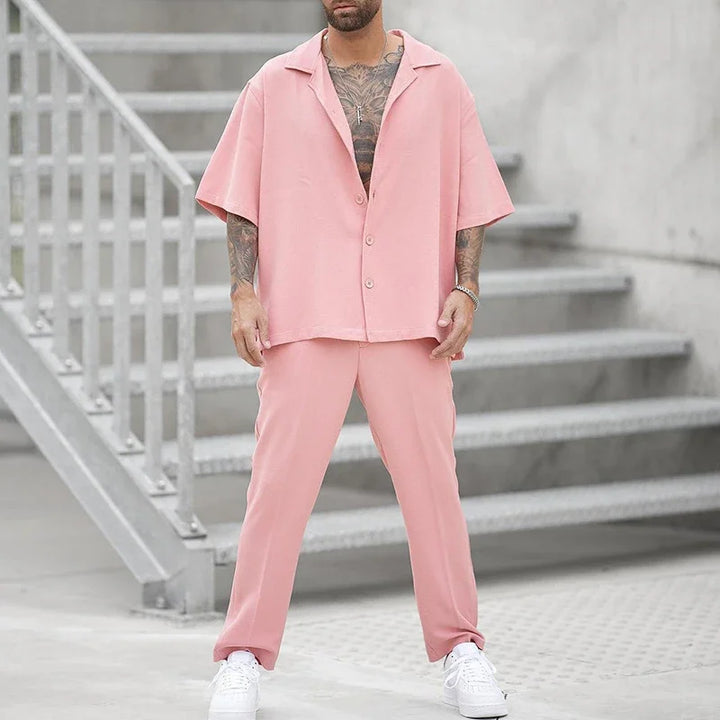 Pink, black, or khaki men's luxury button shirt & pants set. Complete elegant & versatile outfit.