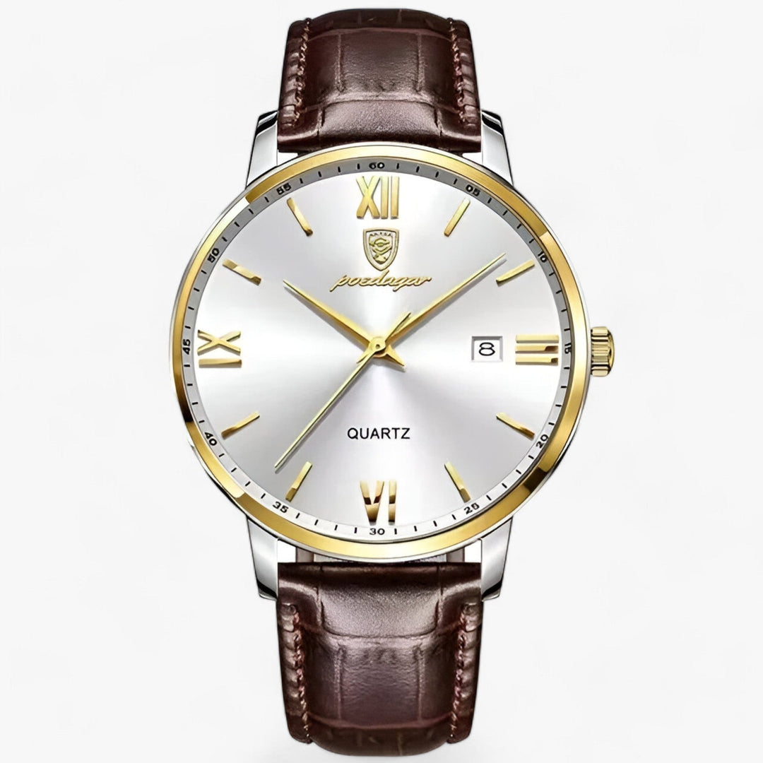 Men's luxury quartz watch with elegant black leather strap, perfect for business or dress wear.