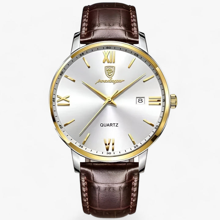 Men's luxury quartz watch with elegant black leather strap, perfect for business or dress wear.